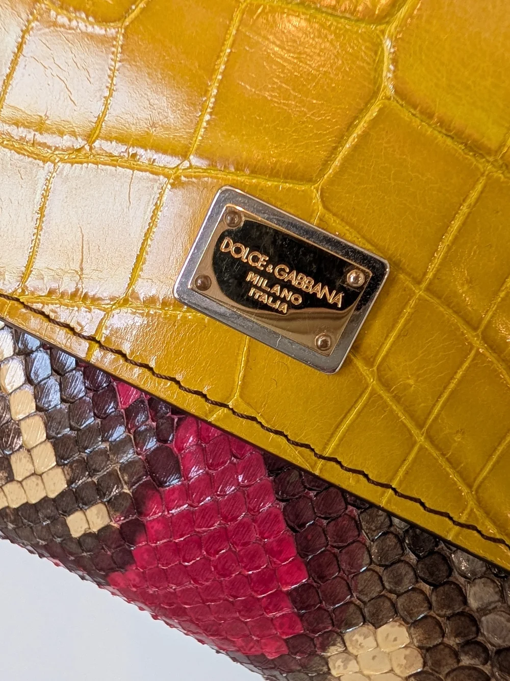 Dolce & Gabbana Small Yellow Croc-Embossed & Snakeskin Top-Handle Bag